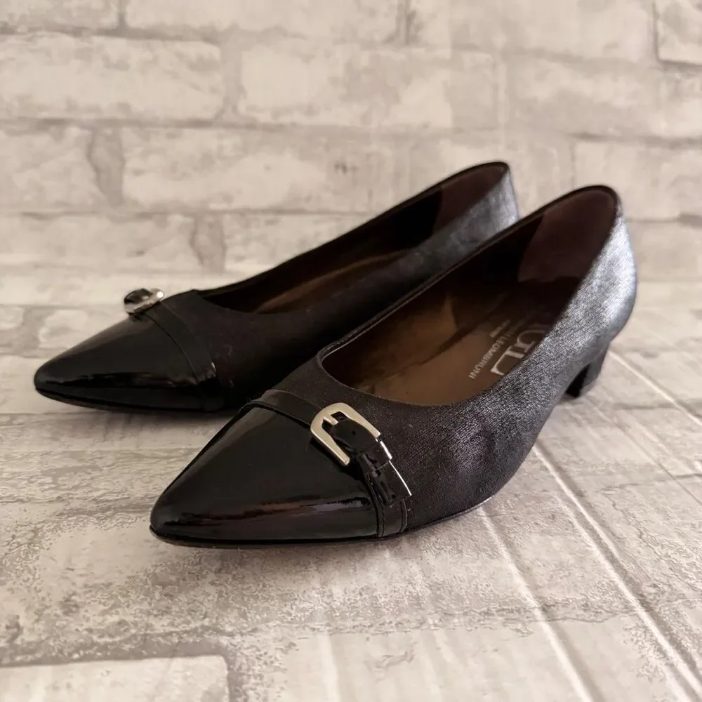 AGL Attilio Giusti Leombruni Black Patent Cap Toe Pumps Leather Pumps Sz 38.5
